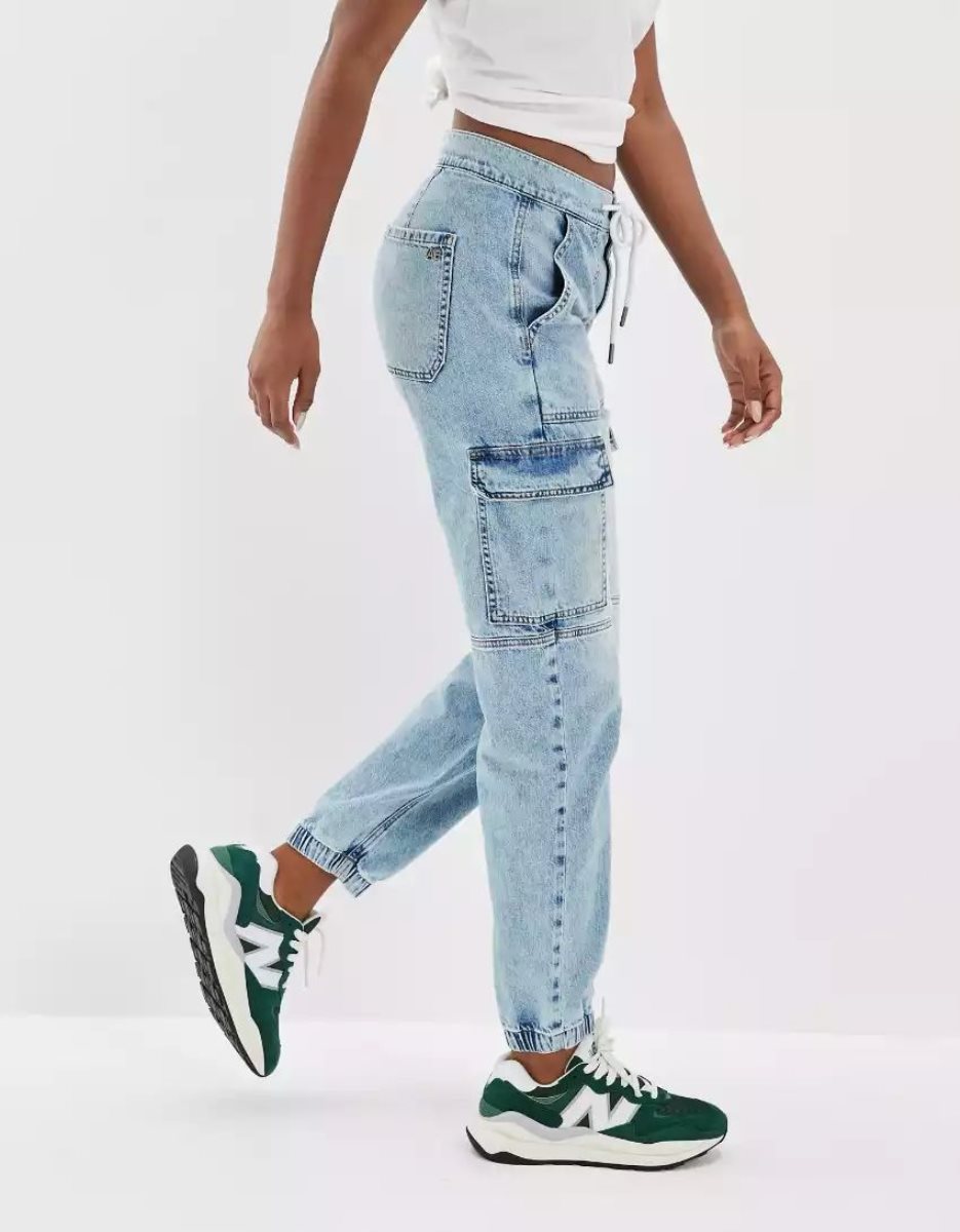 Jean American Eagle AE Super High-Waisted Cargo Denim Jogger Bleu Clair Femme | DLP-30344089